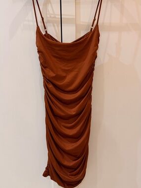 NWT Oh Polly Ain’t So Basic Golden Brown Ruched Cowl Neck Bodycon MidiDress Sz 4